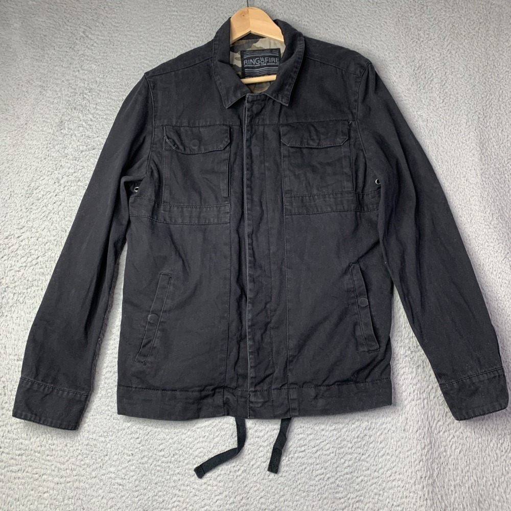 RING OF FIRE Jacket Men's Medium  BLACK CAMOUFLAGE LINED SNAP CLOSURE